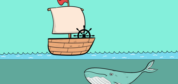 A whale representing docker hitting a boat with wheel representing kubernetes
